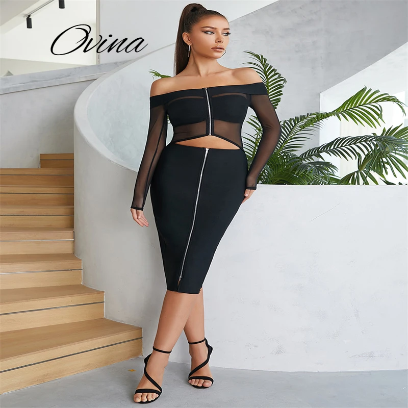 

Black Backless One-shoulder Women's Long Sleeve Mesh Sexy Knee-Length Bandage Skirt Fall New 2022 Club Party Evening Dress