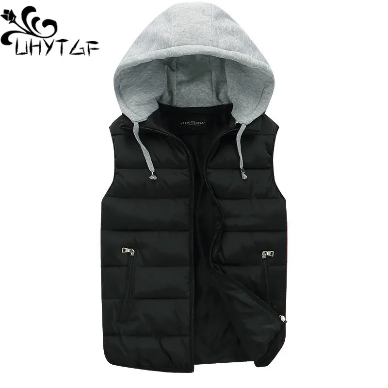 

UHYTGF Warm Down Vest Mens Hooded Sleeveless Male Parker Jacket Solid Casual Autumn Winter Waistcoat Coat Men Chaleco Hombre 286