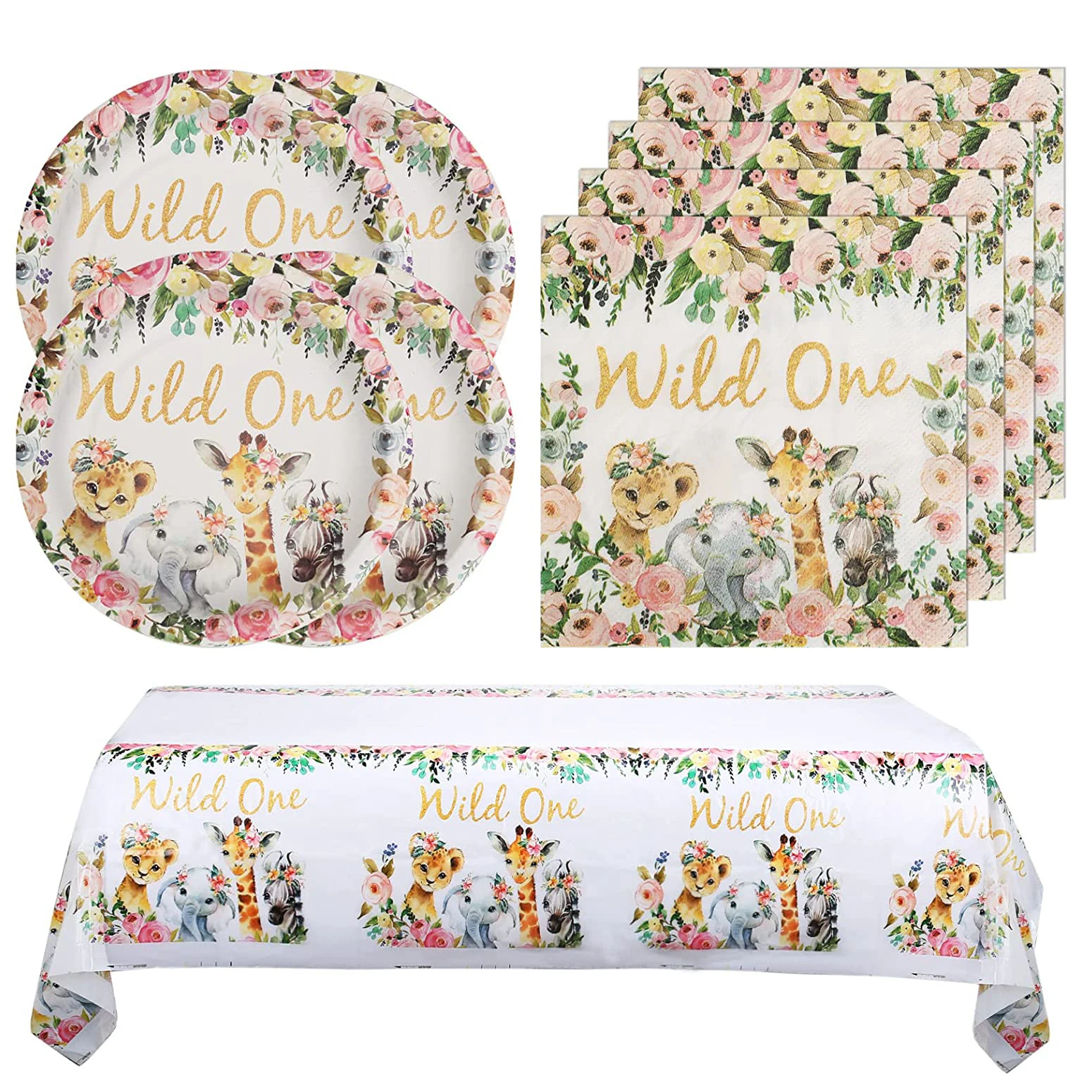 

Wild One Party Jungle Safari Cup Plates Napkin Banner Gift Bag for Kids Animal Wild One Birthday Baby Shower Party Decorations