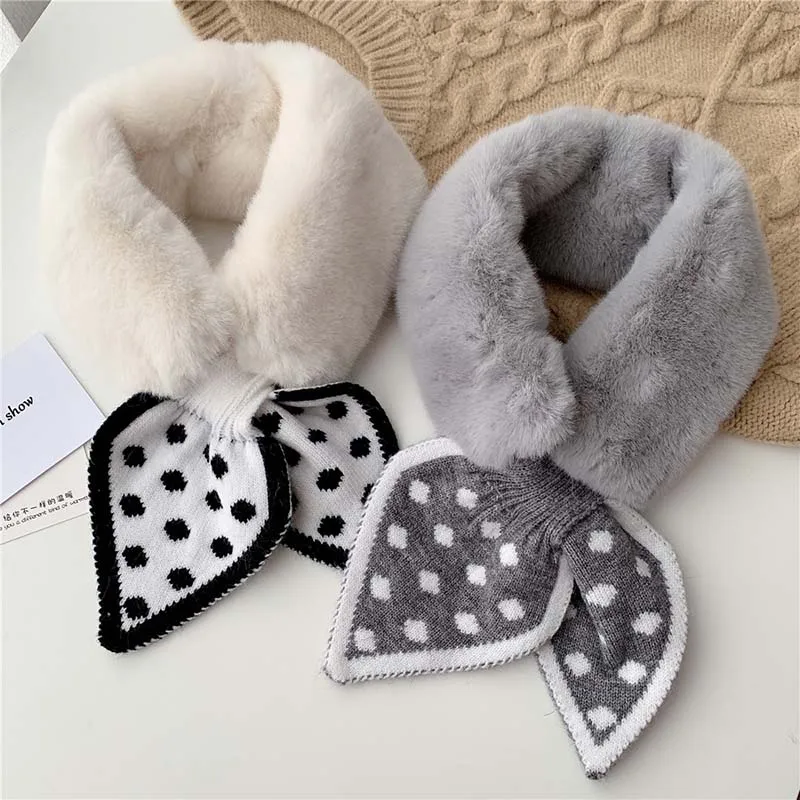 

Женский вязаный шарф из искусственного кроличьего меха с принтом в горошек