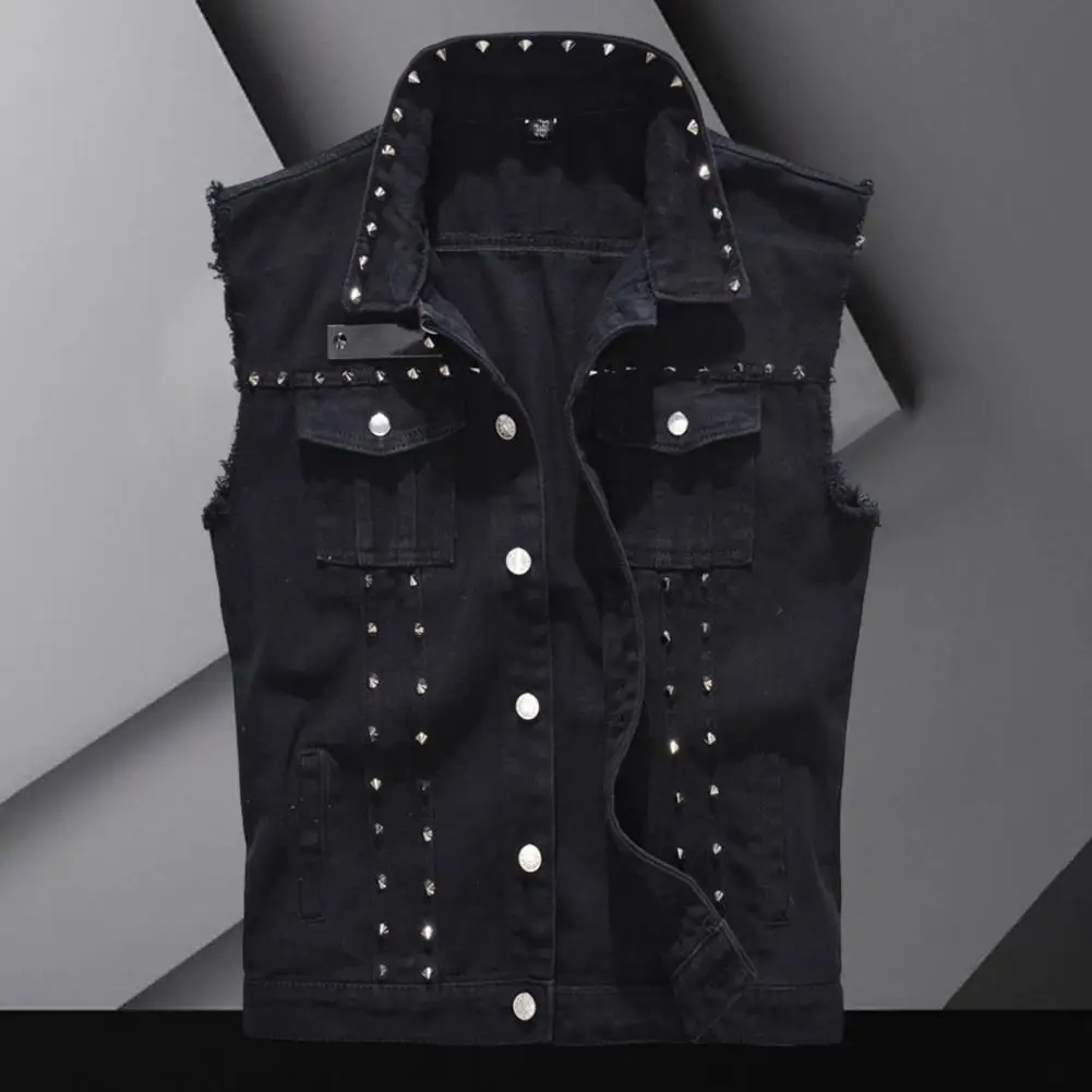 Men Vest Solid Color Sleeveless Rivets Single-breasted Slim Turndown Collar Waistcoat Streetwear