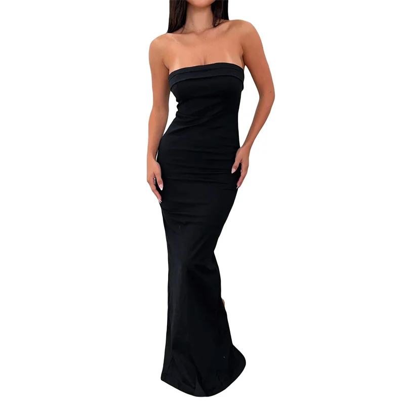 

Summer Open Back Tube Bodycon Dresses Women Evening Party Solid Off Shoulder Sleeveless Strapless Skinny Split Dress Club Street