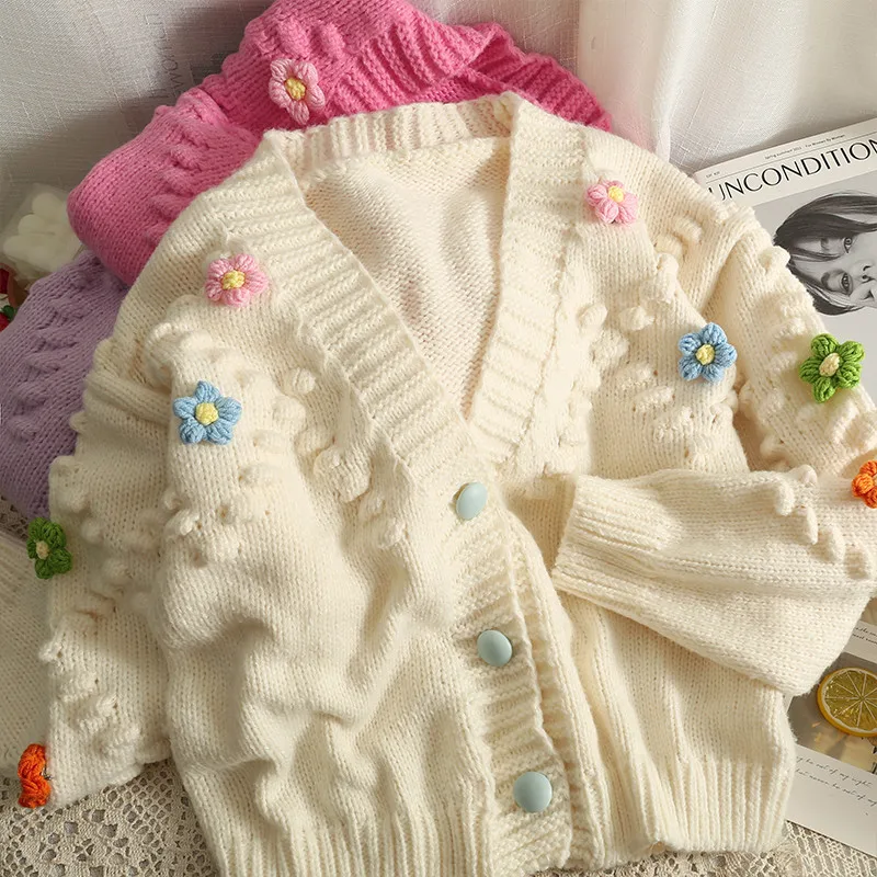 

New Autumn Fashion 3D Flower Hook Knitted Sweater Hand-made Pompom Pink Purple Cardigan Top Single Breast V Neck Knitwear Jumper