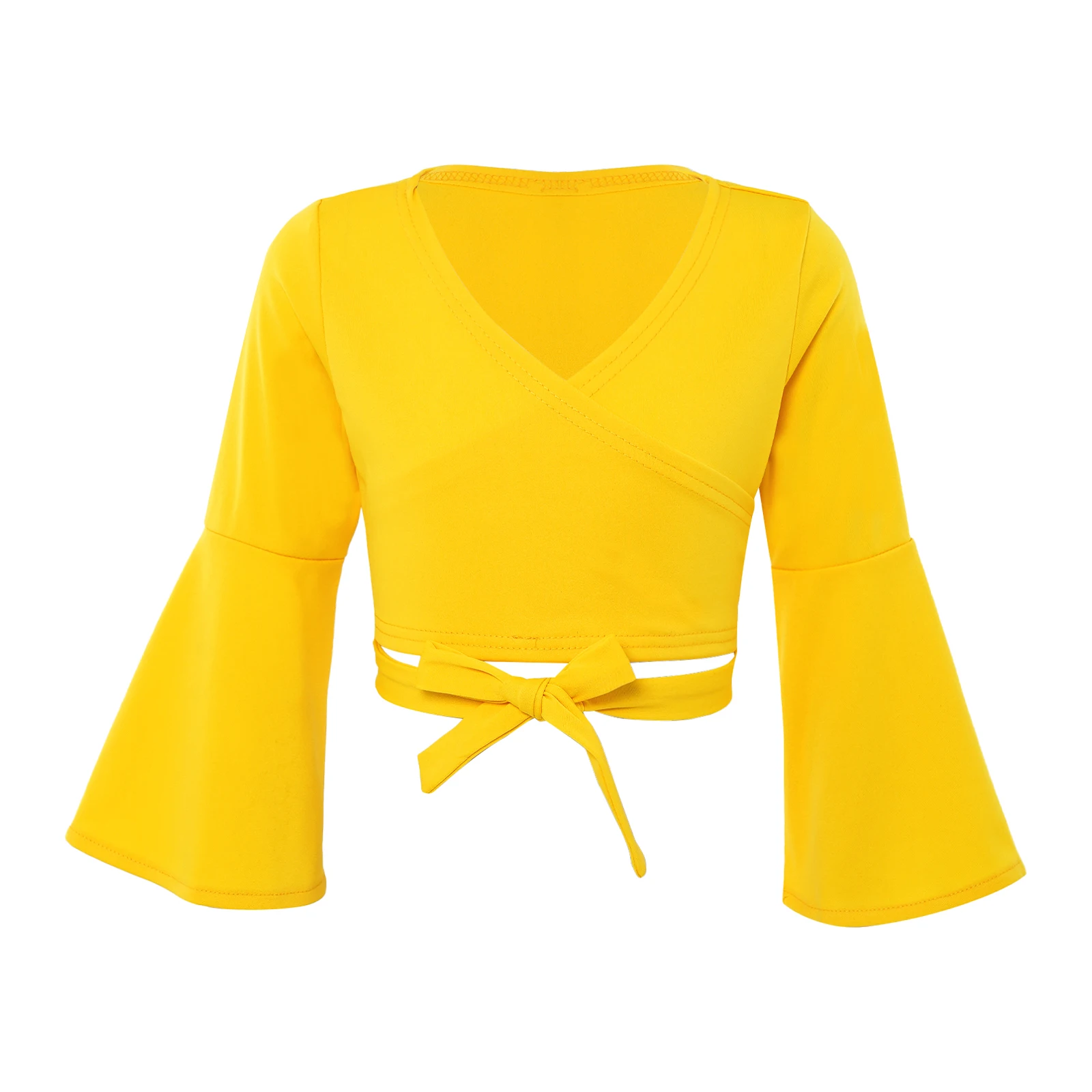 Kids Girls Crop Top Stylish Clothing Trumpet Long Sleeve Criss Cross V Neckline Straps Lace-up Solid Color Crop Top Dancewear