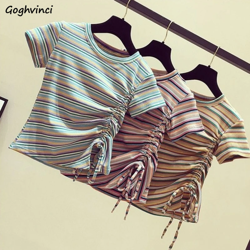 

Футболка женская с коротким рукавом, приталенная Асимметричная рубашка в цветную полоску, уютная эластичная модная Милая одежда в Корейско...