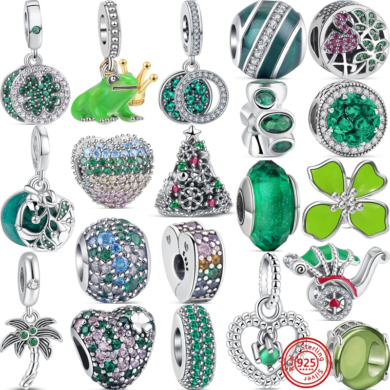 

Браслеты Pandora с шармами, ювелирные украшения «сделай сам», бусины из серебра 925 пробы с зелеными цветами, деревом, клевером, лягушкой, сердцем
