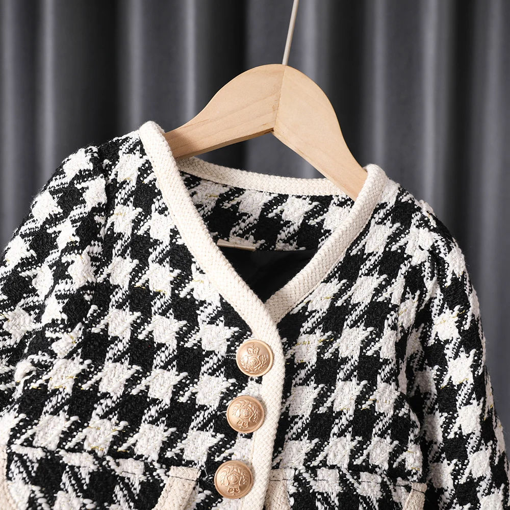 Одежда для маленьких девочек черно-белый комплект в клетку пальто из 90% хлопка с