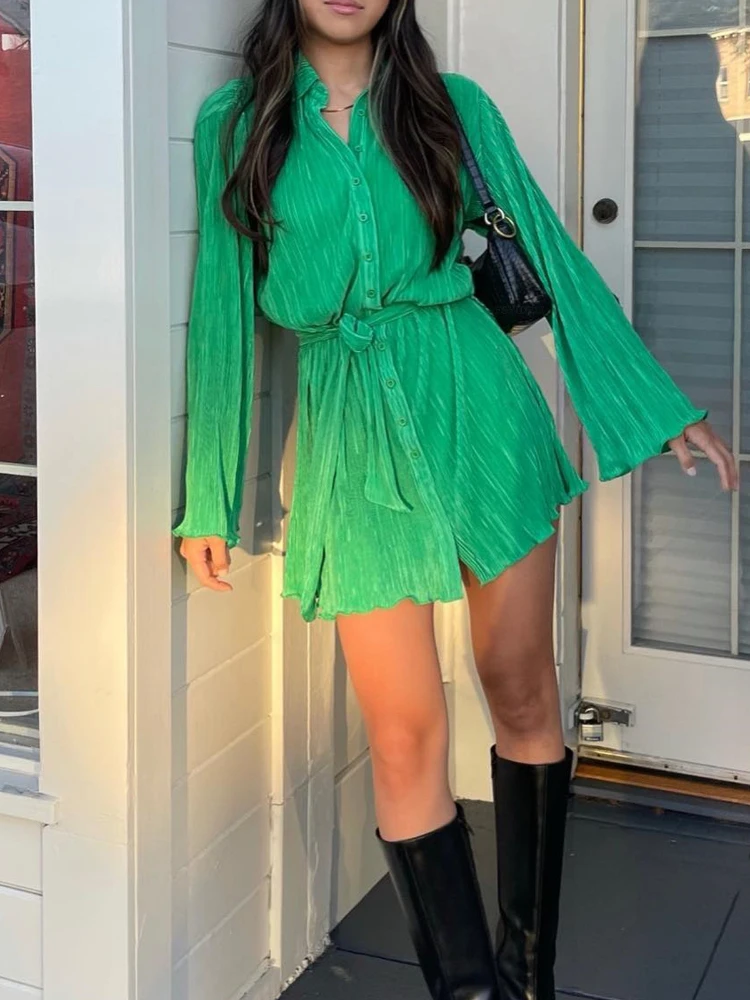 

Women Shirts Dress Long Sleeve Spring Summer Clothes Turndrown Collar Button Bandage Folds Floral Dresses Leisure Vacation