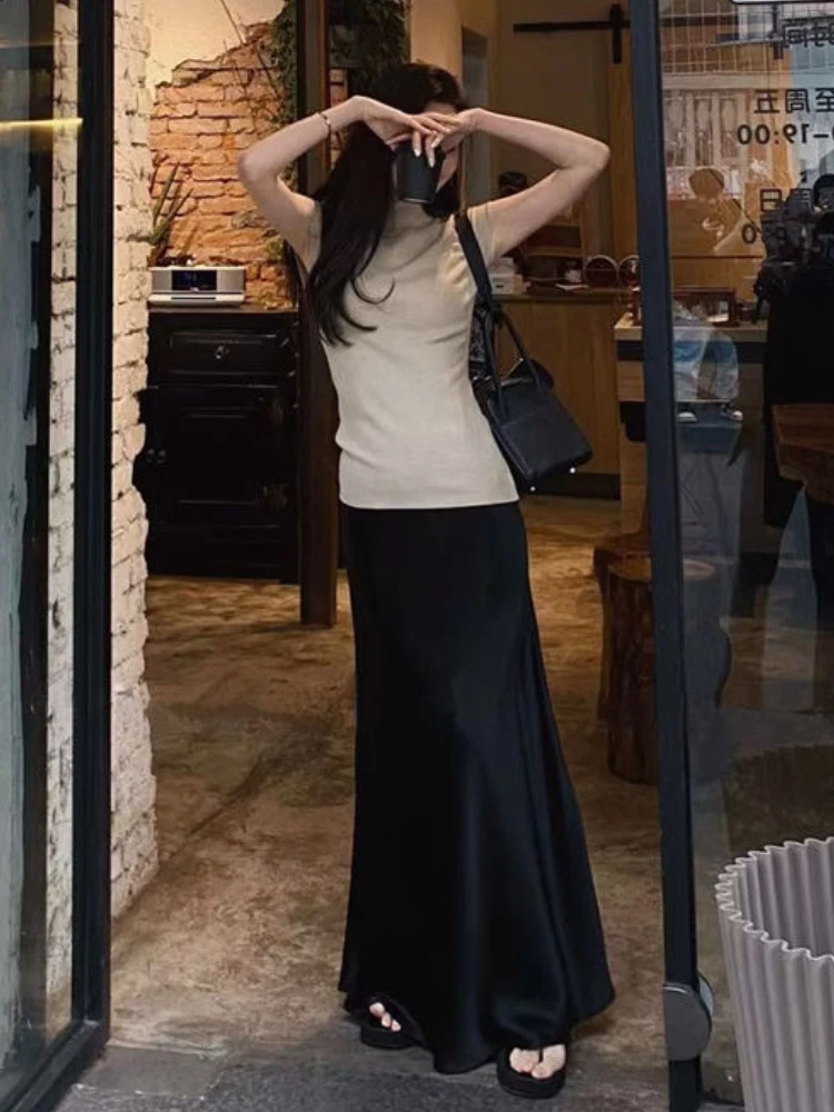 Элегантная черная атласная юбка HOUZHOU женская модная уличная Тонкая шелковая