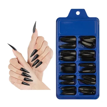100pcs Long Stiletto Artificial Fake Nails Black Full Cover Impress Press On Nails False Tips Fingernails Woman Manicure 1