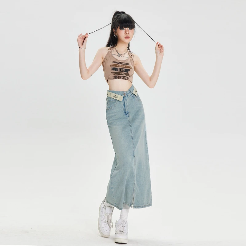 Real time photo of denim skirt for women in summer nostalgic blue commuting retro ruffled embroidery letters high waisted slim