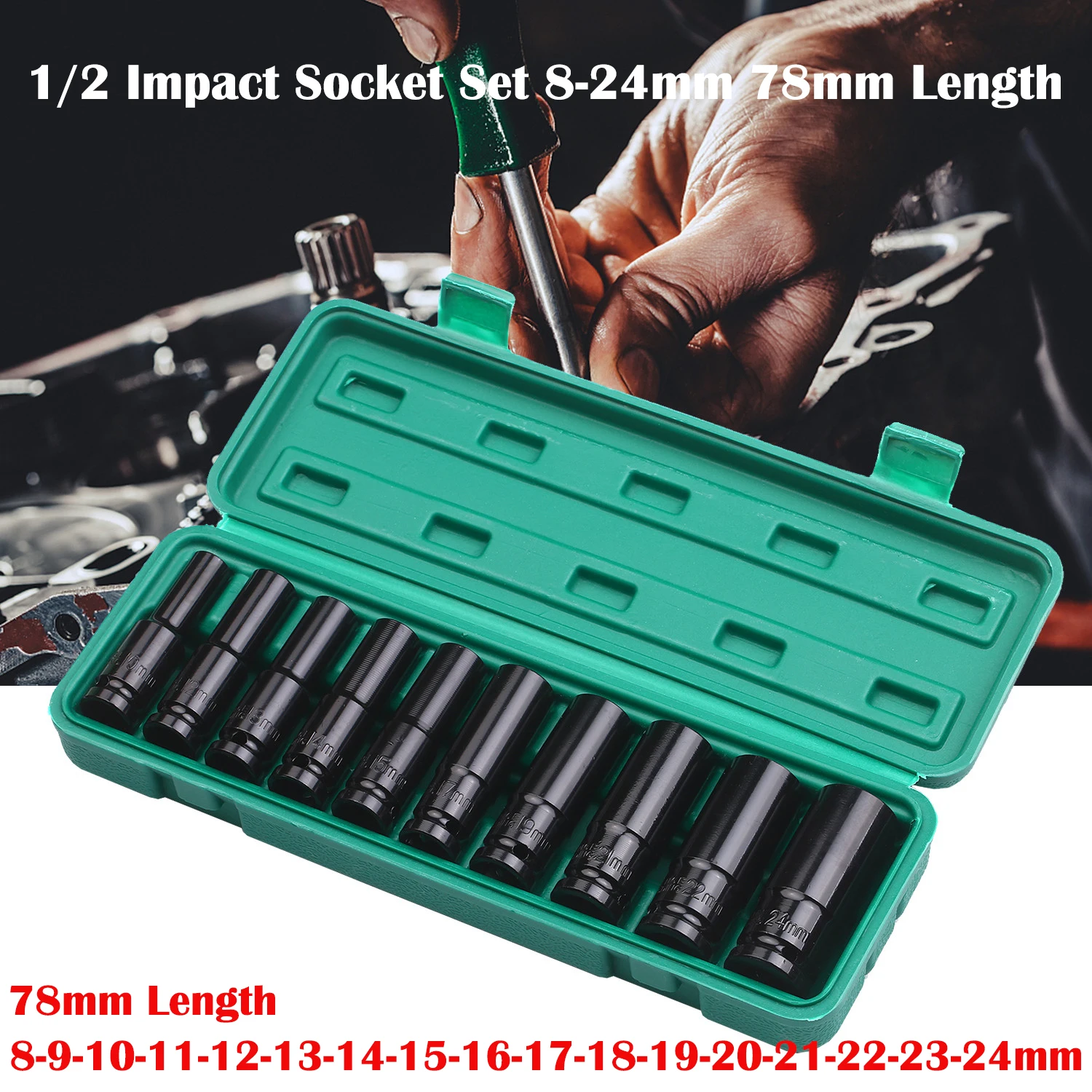 

10PCS Impact Socket Set 1/2 Drive Hex 8-24mm Spanner Deep Socket Key Long Pneumatic Wrench Head Mechanical Workshop Tools Garage
