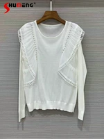 2022 summer fashion new lady style beaded ruffled solid thin pullover sweater womens fashion simple elegant o neck knitted top