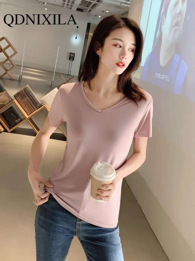 

New In Spring Summer Modahl V-Neck Short Sleeve T-Shirt Korean Fashion Crop Top Women Lightweight Comfortable Clothes for Women