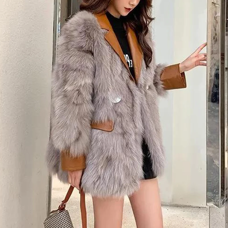 Luxury Vintage Women's Winter Fox Fur Coat Faux Leather Suit Collar rabit fur faux Warm Fur Jacket Sexy Streetwear Overcoat Girl