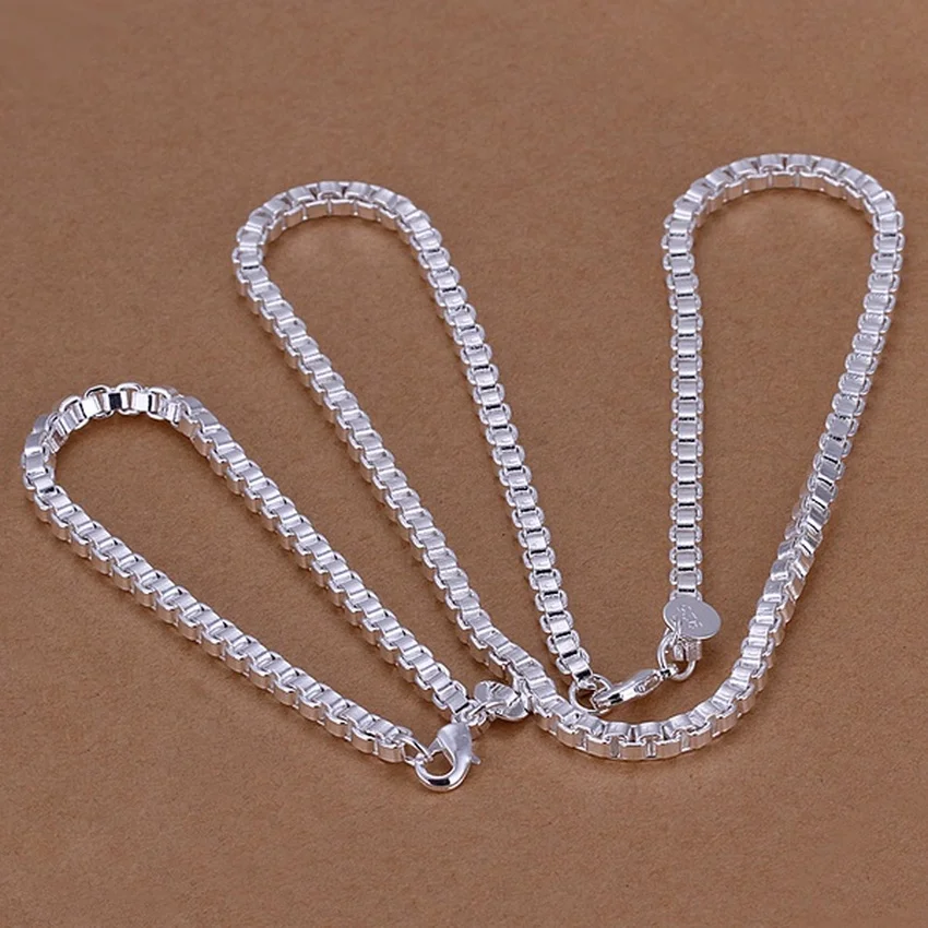 

Factory direct high-quality European style male 4MM box chain fashion necklace bracelets Silver color jewelry Set