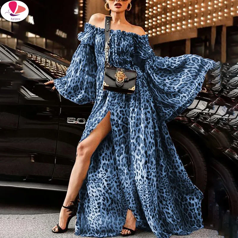 

APIPEE 3 Colors Summer Fall Bohe Off Shoulder Sexy Leopard Print Maxi Dress Ladies Chiffon Split Long Sleeves Dresses