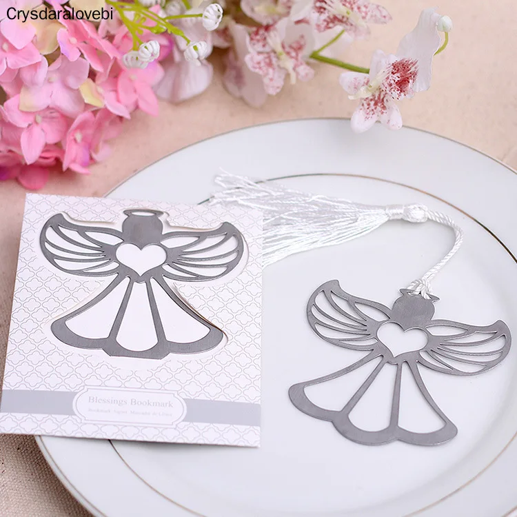 

(50pcs/lot)FREE SHIPPING+"Blessings" Metal Angel Bookmark With a Lovely White Tassel Baby Christening Souvenir Wedding Favors