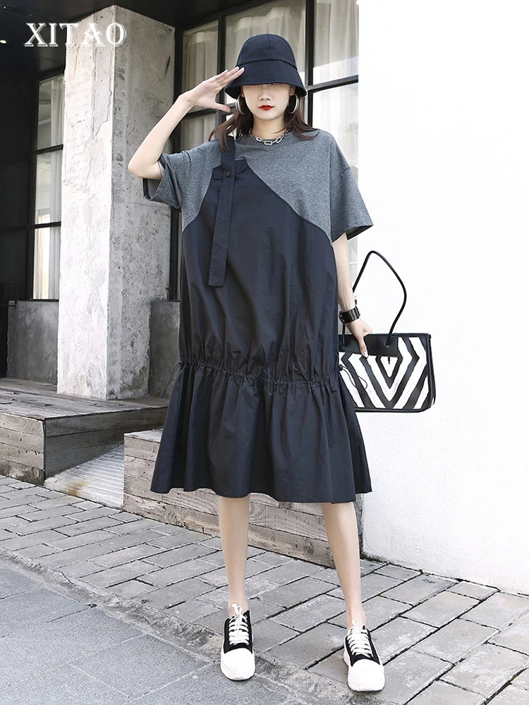 

XITAO лоскутное платье для женщин Корея 2022 Лето Новое поступление индивидуальное модное свободное Повседневное платье с круглым вырезом и ко...