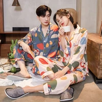 women and men home clothes 2 pieces set printed long sleeve lapel tops casual loose trousers nightwear pajamas suit for couple