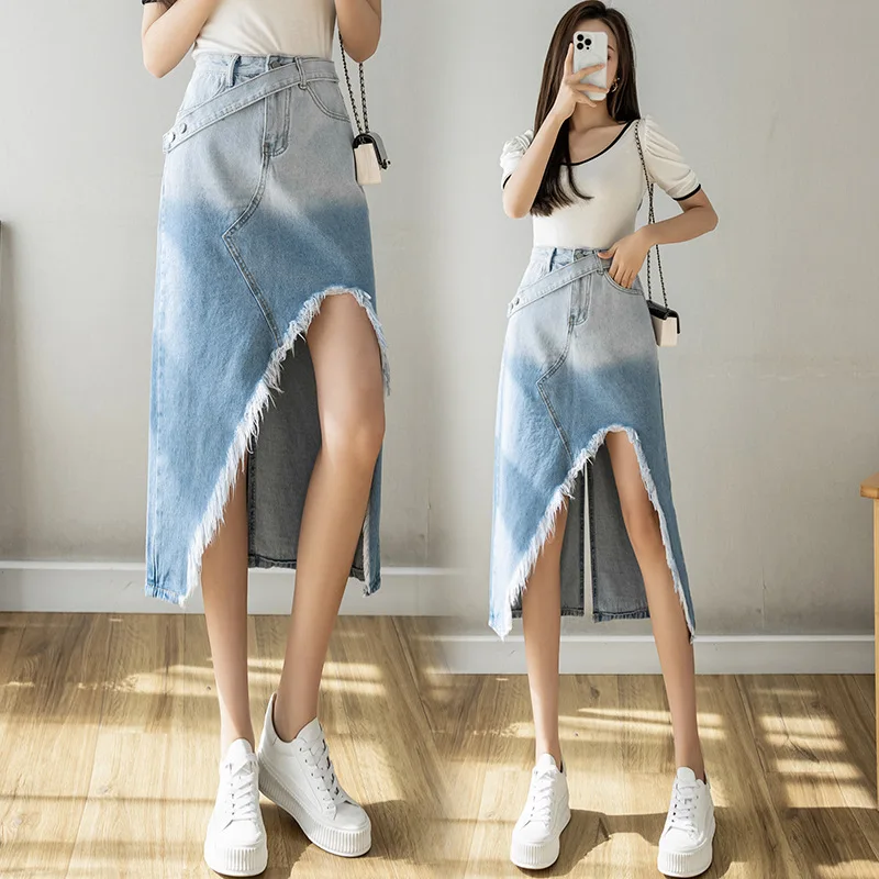 

Autumn Winter New Women Denim Skirt Fashion Design Sense of Raw Edge Gradient Slit Sexy Bag Hip Skirt Mid-length Fringed Skirt
