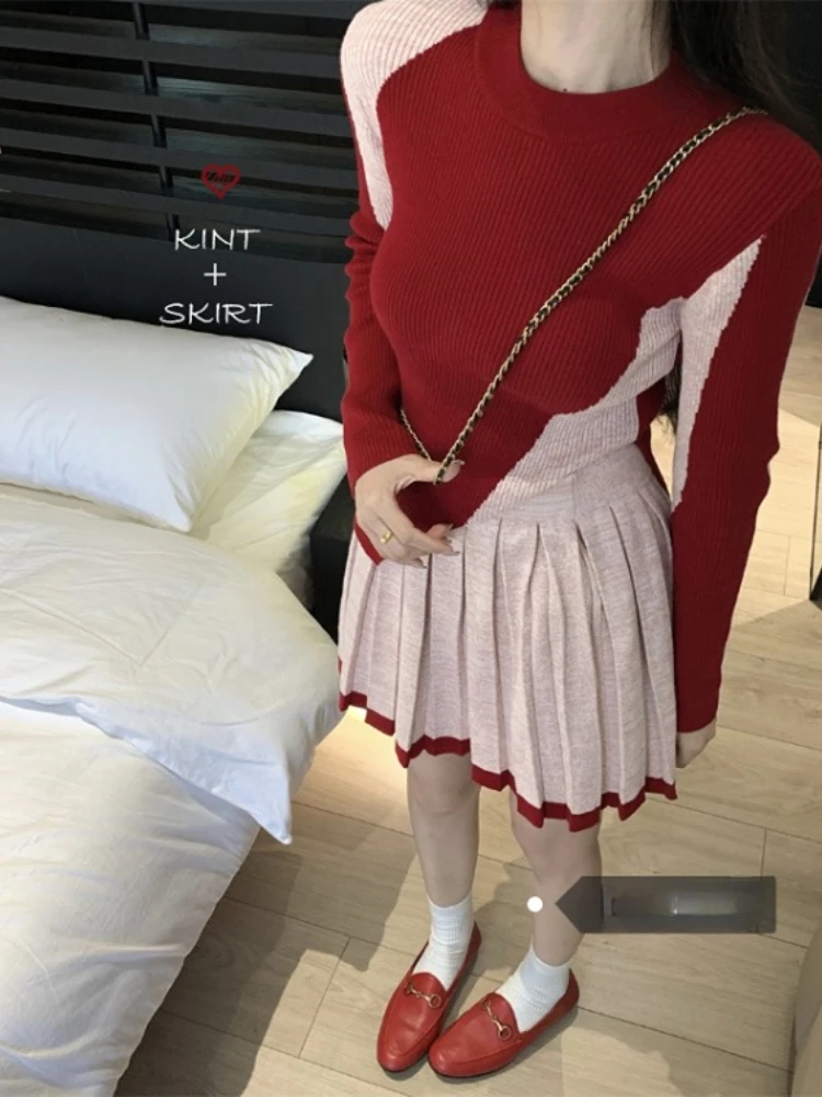 

Korobov Sweet Age Reduction Sweater Contrast Color High Waist Pleated Skirts Set Korean Fashion Two Piece Sets Womens Outifits
