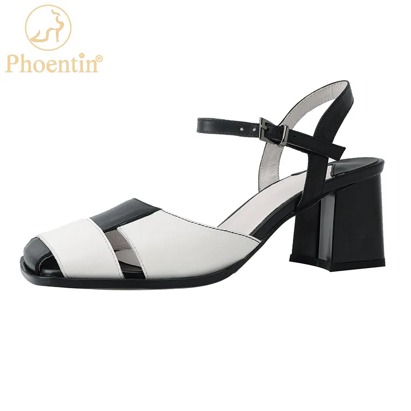 Phoentin Retro mixed colors Square Toe Sandals Women Genuine Leather High Heels Mary Janes shoes New 2023 Summer pumps FT2551