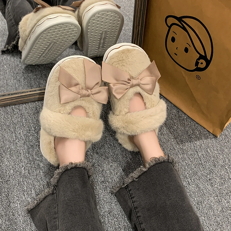 

New Winter 2023 Women New Big Bow Cotton Fashion Slippers HomeSolid Color Warm Girls Lovely Slippers