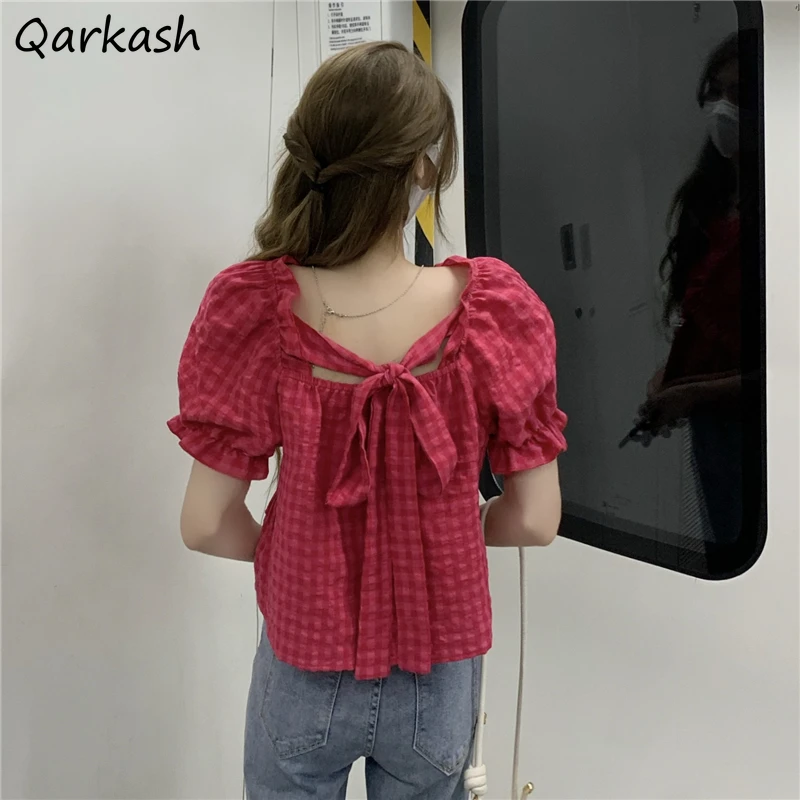

Blouses Women Bandage Mujer Retro Plaid V-neck French Style Summer Loose Stylish Ulzzang Harajuku Cozy Sweet Teens Daily Tender