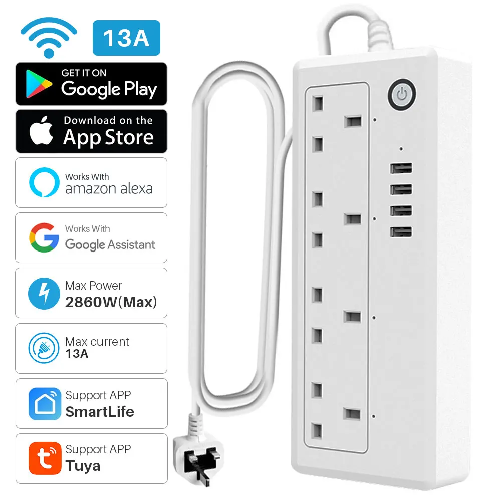 

Double 11 UK Tuya Smart WiFi Power Strip Plug With 4 Smart Socket 4 USB Ports Extension Cord Smart Life Work With Alexa Google