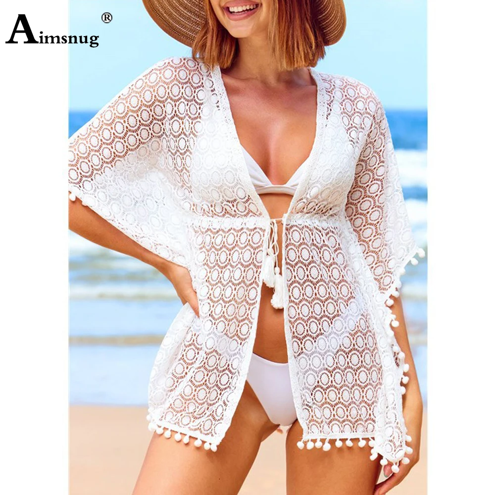 Women Half Sleeve Tassel Cover Up 2022 Summer Casual Beach Dresses Sexy Lace Tunic Swimwear Open Stitch Ladies Vintage Cover-ups