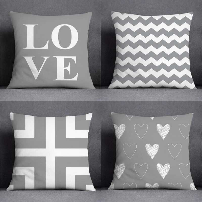 

3pcs/lot 45X45CM Gray Lumbar Pillow Case Polyester Geometry Leaf Floral Stripes Plaids Print Sofa Throw Cushion Cover Home Decor