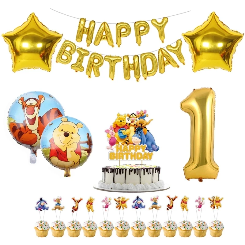 

Winnie the Pooh Birthday Party Balloon Decoration Cup Plate Napkin Tablecloth Cake Topper Disposable Tableware Set Baby Shower