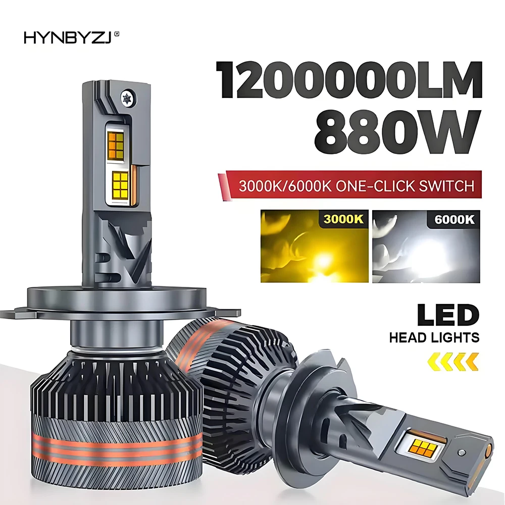 HYNBYZJ H4 Светодиодные лампы H11 9005 HB3 9006 HB4 9012 H7 Светодиодные фары 6000K 3000K Двухцветное переключение температуры Передние фонари 12 В