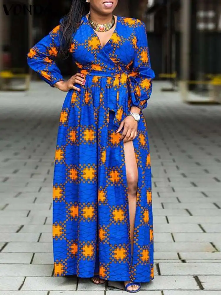 

Elegant Maxi Dress VONDA 2023 Women Long Sleeve Printed Autumn Sexy V Neck Party Sundress Bohemian Slit Casual Vestidos Belted