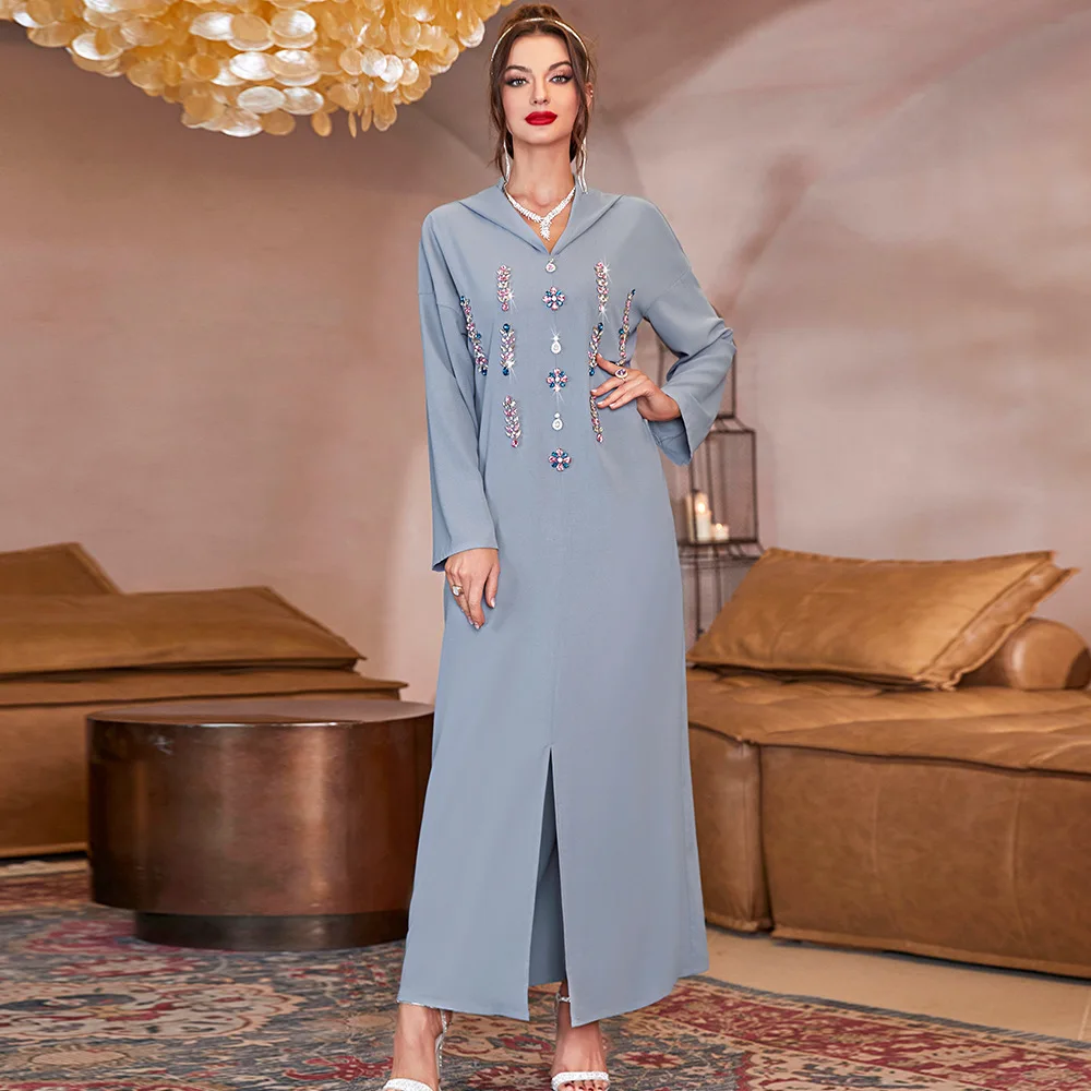 Women Party Long Arabic Dress Abayas for Women Dubai Grey Caftan Evening Dresses Moroccan Kaftan Robe Musulmane Longue Djellaba