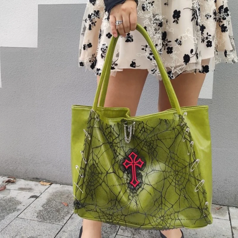 

HAEX Y2k Cross Women's Bag 2022 Trend Harajuku PU Large Capacity Tote Bag Lace Spider Web Fashion Design Shoulder Bolso Mujer