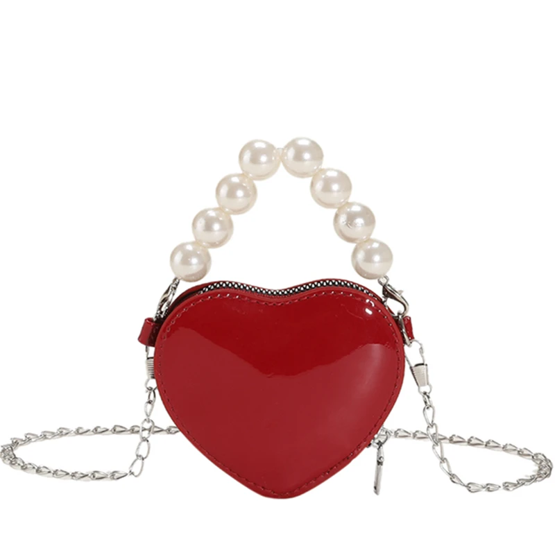 

Pearls Handle Heart Shaped Women Mini Chest Bag Patent Leather Clutch Handbag Chains Crossbody Purse for Girls Ladies Phone Key