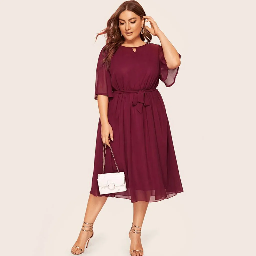 

Women's Chiffon Dresses Casual Solid Colour Round Neck Half Sleeve Dresses Loose Large Size Fashion Waisted Bow Tie Dresses