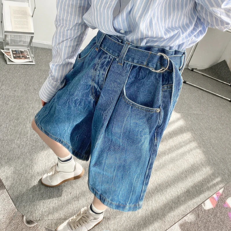 Japanese Retro Straight Denim Shorts Men And Women Neutral Loose Tide Brand Wide-leg Belt Tooling Men Five-point Pants