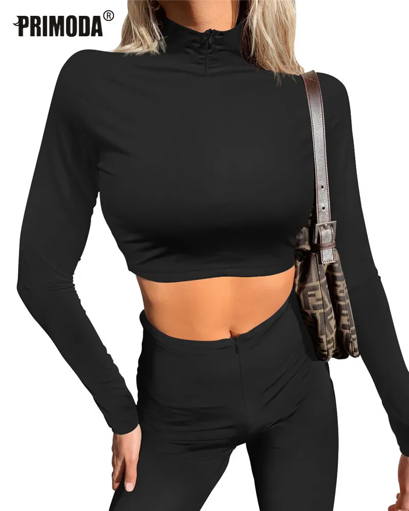 Женская футболка на молнии, белая, весенне-осенняя, с высоким воротом, PR219M