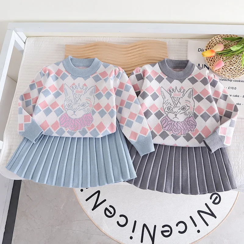 

Girls Sweater Set 2023 New Fashion Knitted Pullover Top+Skirt Autumn Winter Children Clothing Two Piece Set Girls Outfit Sets