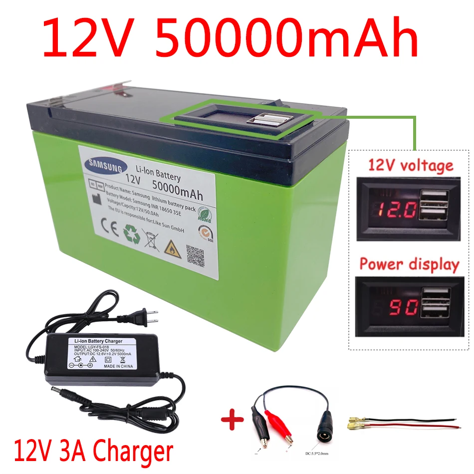 

New power display 12v50Ah 18650 lithium battery pack is suitable for solar energy and electric vehicle battery + 12.6v3A charger