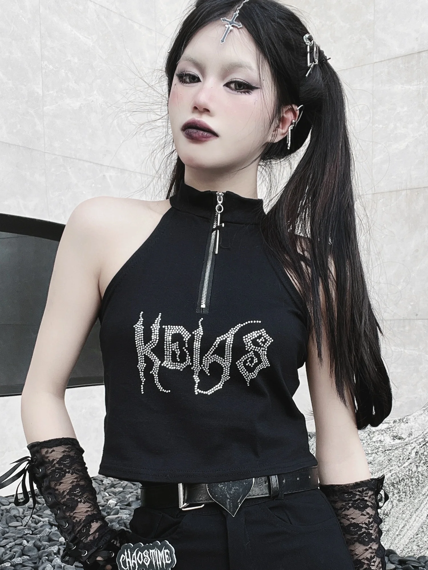 

New Fashion Women Goth Tank Top Zipper Printing Patchwork Round Neck Pullover Gothic Style Sexy Ladies Tank Top For Summer 2023