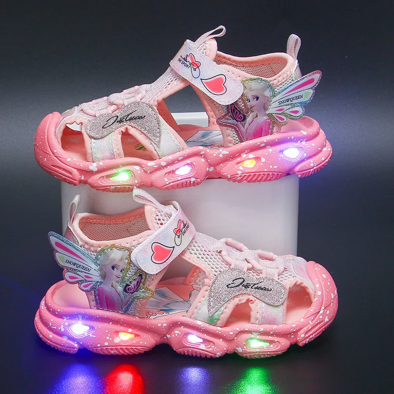 Disney Girls' Sandals LED Lights Mesh Summer Children's Sandals Frozen Princess Elsa Beach Pink Purple Shoes Size 22-37