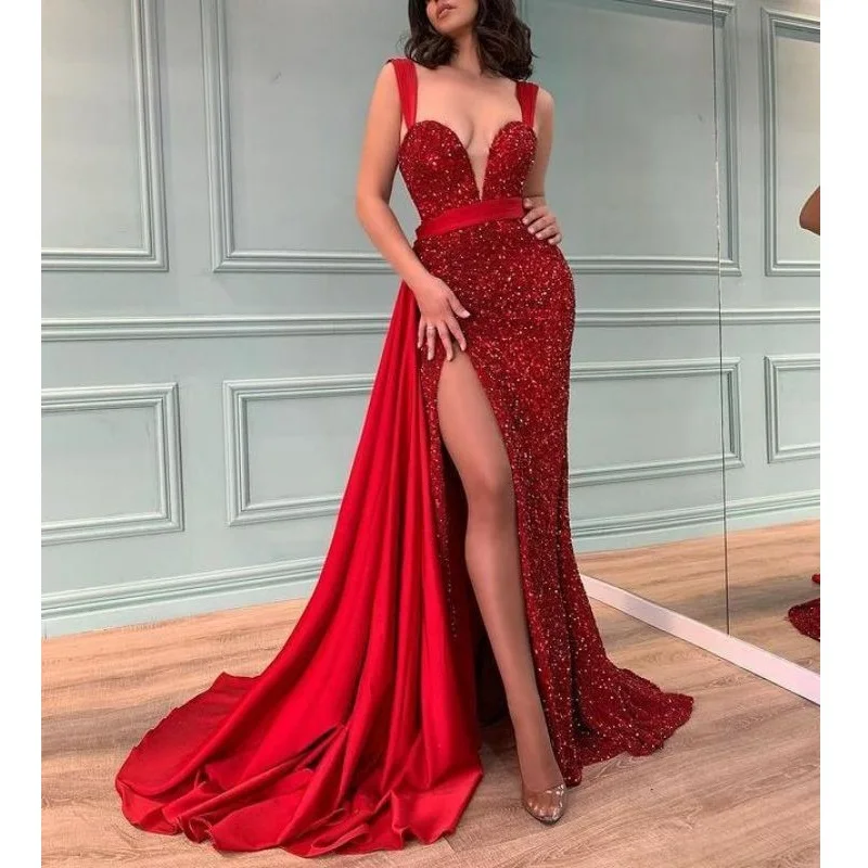 CFED-169 2022Y New Arrival Graceful Red Sequins Party Dress Slim Fit Sleeveless Evening Dress Prom Dres Trailing Detachable
