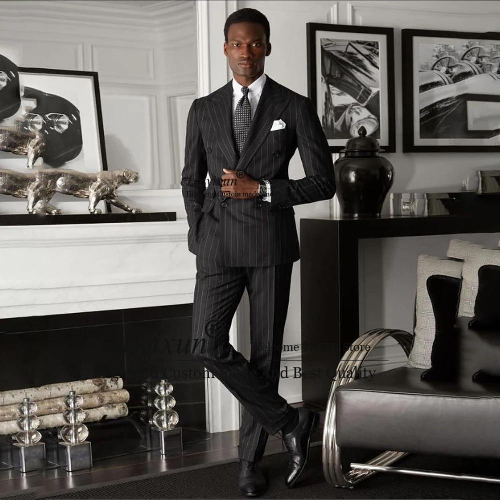 

Мужские костюмы в черную полоску, двубортный деловой блейзер с пиковым отворотом, облегающий свадебный смокинг для жениха, комплект из 2 предметов, Terno Masculino