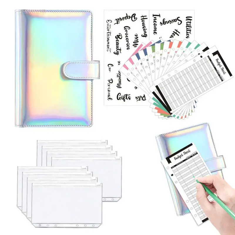 

A6 Glitter PVC Binder Budget Envelope Planner Organizer System With Waterproof Translucent Zipper Pockets Expense Budget Sheets