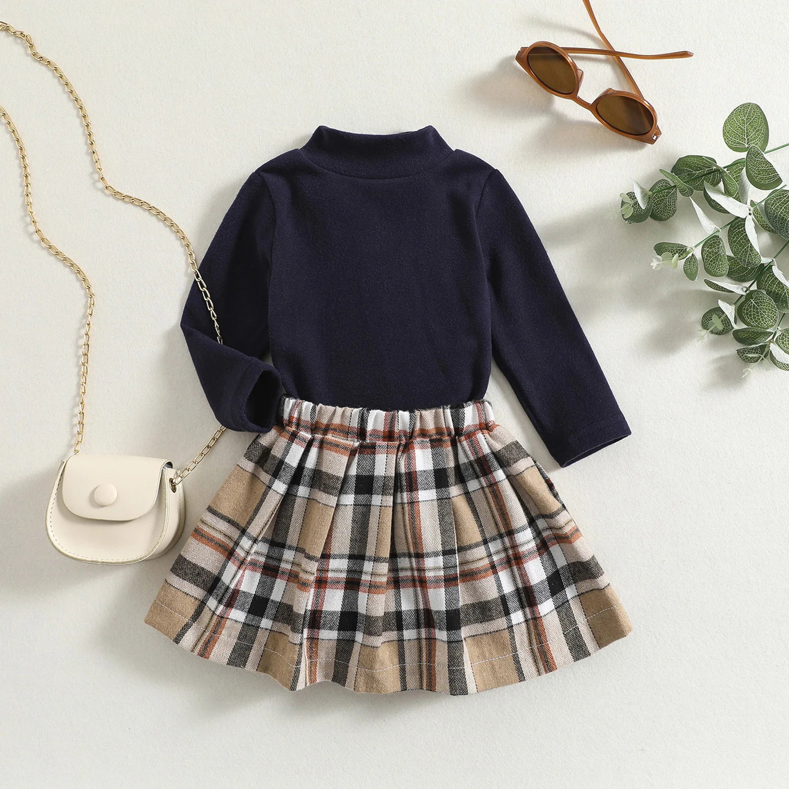 

TR New Autumn Kids Girls Skirt Suit Long Sleeve Turtleneck Loose Tops + Fall Casual Party Plaid Half Dress Clothes Set