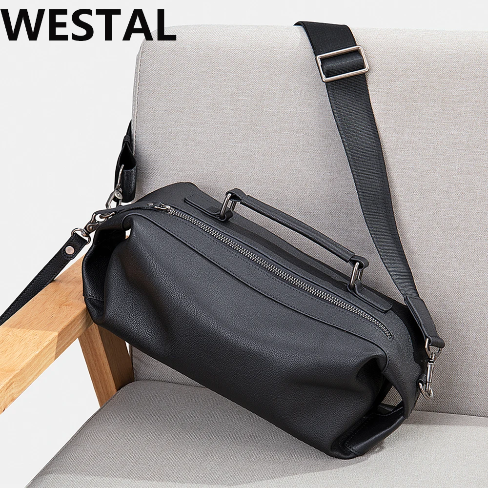 WESTAL Satchel Bags Genuine Leather Shoulder Strap Handbags Black Men's Designer Bag with Free Shipping New In the Handbags 6081